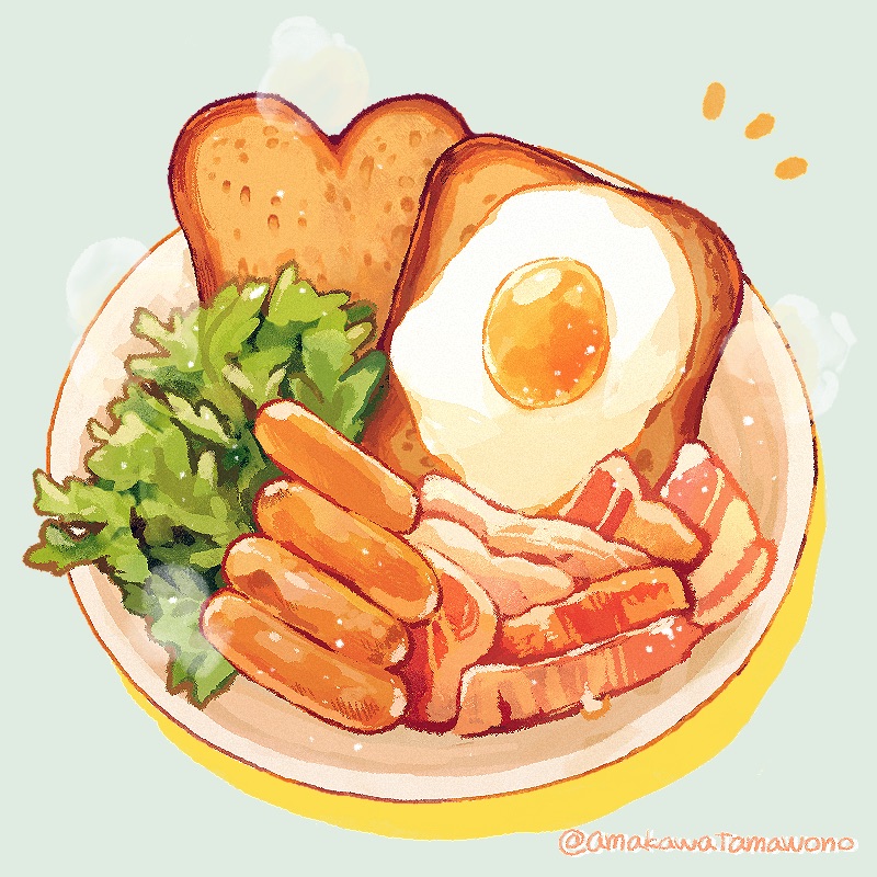 amakawa_tamawo bacon blue_background bread egg food food_focus fried_egg fried_egg_on_toast original plate salad sausage simple_background steam still_life toast twitter_username