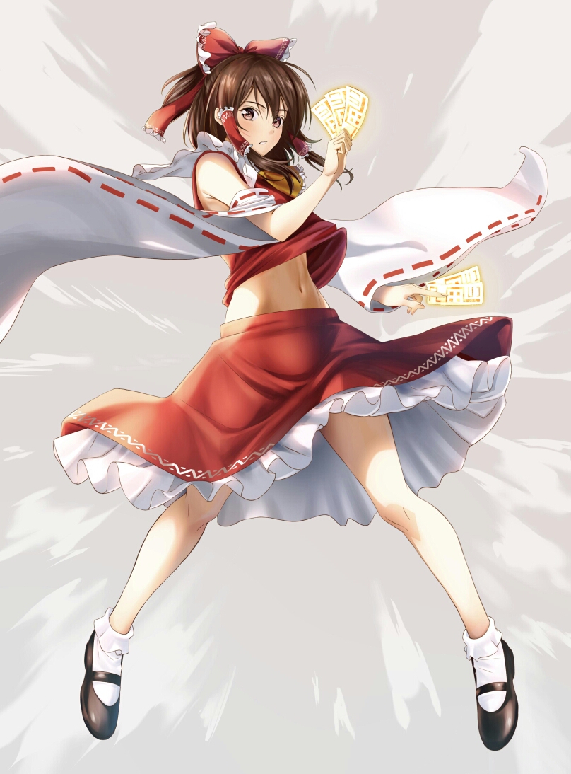 1girl ascot bangs bare_legs bare_shoulders black_footwear bobby_socks bow brown_eyes brown_hair commentary_request crop_top detached_sleeves frilled_bow frills full_body grey_background hair_bow hair_tubes hakurei_reimu half_updo hand_up holding long_sleeves looking_at_viewer mary_janes midriff navel ofuda parted_lips petticoat red_bow red_skirt shoes short_hair sidelocks simple_background skirt skirt_set socks solo stomach thighs touhou wakusei-planet white_legwear wide_sleeves yellow_neckwear