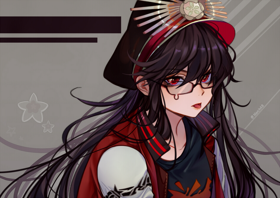 1girl bespectacled black_hair commentary_request fate/grand_order fate_(series) glasses hat jacket long_hair looking_at_viewer marchab_66 military_hat oda_nobunaga_(fate) oda_nobunaga_(fate)_(all) oda_nobunaga_(swimsuit_berserker)_(fate) oda_uri open_mouth peaked_cap red_eyes shirt solo t-shirt tongue tongue_out upper_body