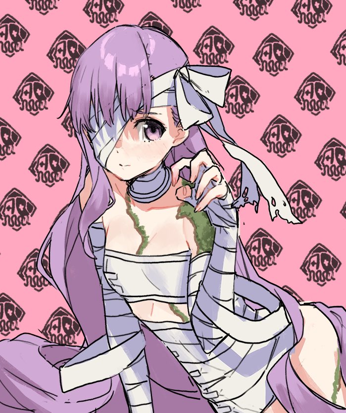 1girl bandage_over_one_eye bandaged_arm bandaged_head bandages bangs bare_shoulders blush breasts closed_mouth fate/extra fate/extra_ccc fate_(series) hand_up kingprotea long_hair looking_at_viewer moss naked_bandage pink_background purple_hair small_breasts solo teshima_nari very_long_hair violet_eyes