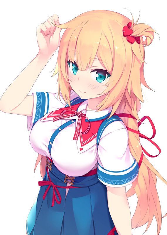 1girl akai_haato azumi_akitake bangs blonde_hair blue_eyes blue_skirt blush breasts closed_mouth cowboy_shot from_above hair_between_eyes hair_ornament heart heart_hair_ornament high-waist_skirt hololive large_breasts long_hair looking_at_viewer one_side_up pleated_skirt red_ribbon ribbon shirt short_sleeves simple_background skirt solo virtual_youtuber white_background white_shirt
