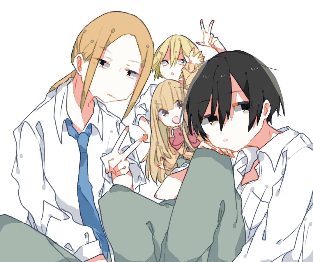 2boys 2girls :d :o black_hair blonde_hair blue_neckwear bow brown_hair chestnut_mouth echizen_(tanakeda) grey_pants hair_between_eyes hand_on_own_knee hand_up long_hair miyano_(tanakeda) multiple_boys multiple_girls necktie nishiki1225 oota_(tanakeda) open_mouth pale_skin pants pose red_bow school_uniform shirt simple_background sitting smile tanaka-kun_wa_itsumo_kedaruge tanaka_(tanakeda) v white_background white_shirt