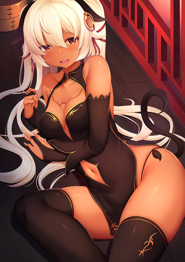 1girl :d bangs black_dress black_gloves black_legwear blush breasts bridal_gauntlets dark_skin dress gloves hair_between_eyes hair_ornament hair_ribbon long_hair looking_at_viewer medium_breasts momo_no_kanzume navel navel_cutout open_mouth pelvic_curtain ribbon sidelocks smile solo thigh-highs twintails white_hair