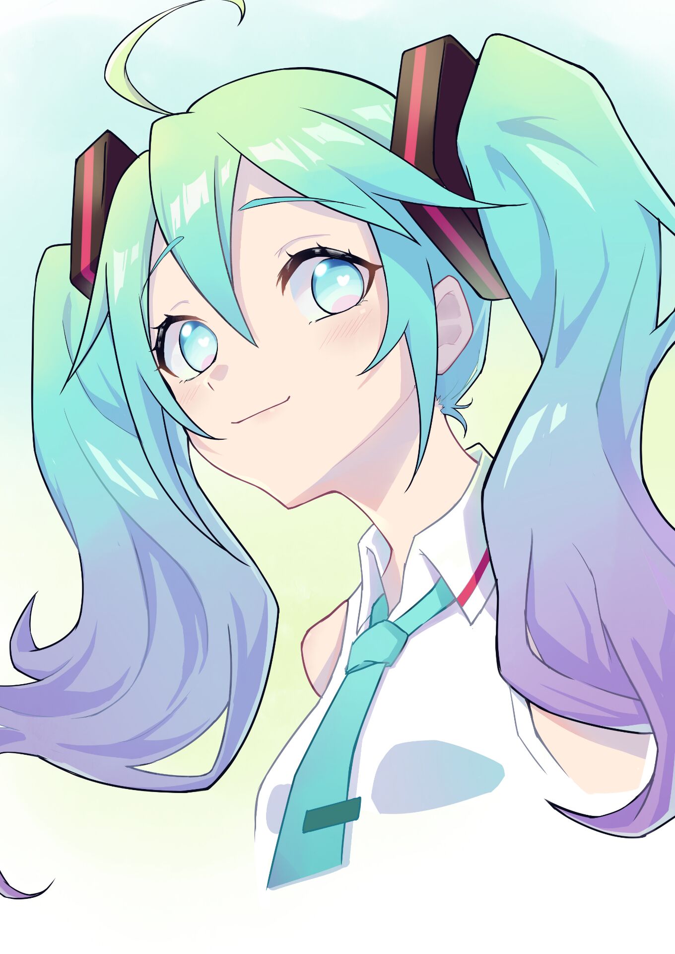 1girl ahoge aqua_hair bare_shoulders blue_background blue_eyes blue_hair blue_neckwear blush breasts close-up eyebrows_visible_through_hair face gradient gradient_background gradient_hair green_hair hair_between_eyes happy hatsune_miku heart heart-shaped_pupils highres long_hair multicolored_hair necktie purple_hair shiny shiny_hair shirt sidelocks simple_background sing_(fywf4272) sleeveless sleeveless_shirt small_breasts smile solo symbol-shaped_pupils twintails two-tone_hair under_boob upper_body vocaloid white_background white_shirt