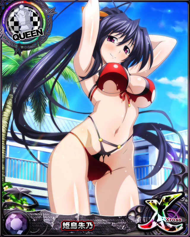 1girl arms_behind_head bikini black_bikini black_hair blush breasts card_(medium) character_name chess_piece closed_mouth day hair_ribbon high_school_dxd high_school_dxd_cross himejima_akeno large_breasts long_hair long_ponytail looking_at_viewer navel official_art outdoors ponytail queen_(chess) red_bikini ribbon smile solo source_request standing swimsuit torn_bikini torn_clothes trading_card very_long_hair violet_eyes