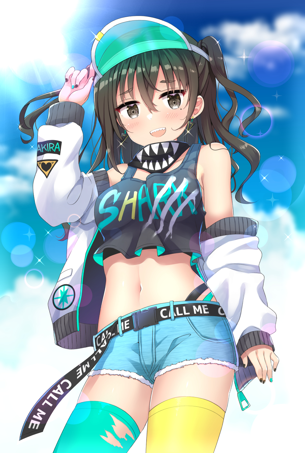 1girl :d aqua_legwear aqua_nails bare_shoulders belt black_nails black_shirt blue_shorts blurry breasts brown_eyes brown_hair clothes_writing clouds commentary_request cowboy_shot crop_top crop_top_overhang cutoffs day denim denim_shorts earrings glint hair_between_eyes hand_up highres idolmaster idolmaster_cinderella_girls idolmaster_cinderella_girls_starlight_stage jacket jewelry kerchief lens_flare long_hair long_sleeves looking_at_viewer medium_breasts midriff mismatched_legwear mole mole_under_eye multicolored multicolored_nails navel off_shoulder open_clothes open_jacket open_mouth outdoors sharp_teeth shirt short_shorts shorts sidelocks smile solo standing stomach sunazuka_akira sunlight tank_top teeth thigh-highs torn_clothes torn_legwear two_side_up visor_cap white_jacket yellow_legwear yoshikita_popuri