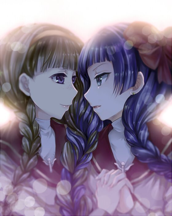 2girls ai_(creamcaramel) bangs blue_hair blunt_bangs bow braid brown_hair earrings eye_contact hair_bow hairband holding_hands interlocked_fingers jewelry long_hair looking_at_another mamiina multiple_girls necklace red_bow rodoreamon simoun smile stud_earrings twin_braids uniform upper_body violet_eyes white_background yuri