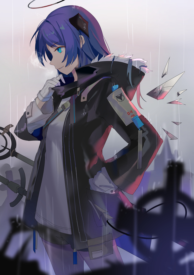 1girl arknights bangs black_jacket black_shorts blue_eyes blue_hair blurry blurry_background blurry_foreground breasts breath clouds cloudy_sky commentary_request curled_horns depth_of_field eyebrows_visible_through_hair gloves halo hood hood_down hooded_jacket horns hua_ye jacket long_sleeves looking_away mostima_(arknights) open_clothes open_jacket outdoors overcast profile rain shirt short_shorts shorts sky small_breasts solo white_gloves white_shirt