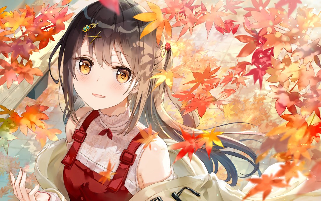 1girl autumn autumn_leaves bangs blue_eyes blush brown_coat brown_hair coat commentary_request eyebrows_visible_through_hair from_above fuumi_(radial_engine) hair_ornament hairclip long_hair long_sleeves looking_at_viewer looking_up map off_shoulder one_side_up open_clothes open_coat original overalls parted_lips shirt sidelocks smile solo upper_body white_shirt x_hair_ornament