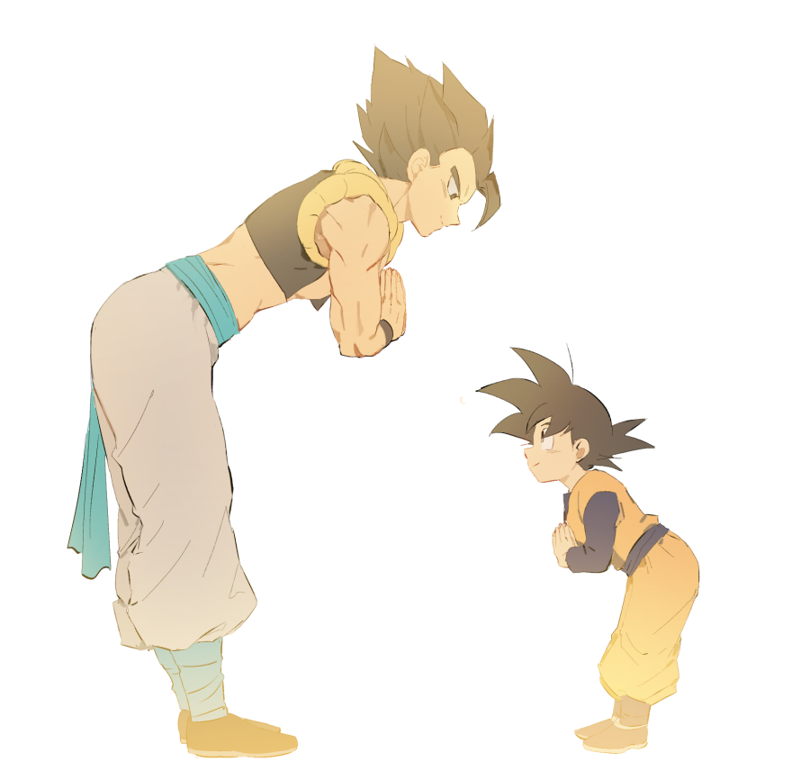 2boys age_difference baggy_pants black_eyes black_footwear black_hair blurry depth_of_field dougi dragon_ball dragon_ball_super_broly dragon_ball_z from_side full_body gogeta happy leaning leaning_forward libeuo_(liveolivel) long_sleeves looking_at_another looking_down looking_up male_focus multiple_boys muscle own_hands_together pants profile simple_background smile son_goten spiky_hair standing waistcoat white_background white_pants wristband