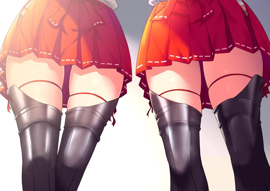 2girls black_footwear boots from_below gradient gradient_background grey_background head_out_of_frame japanese_clothes kantai_collection knee_boots lower_body multiple_girls ohiya pleated_skirt red_skirt remodel_(kantai_collection) shoukaku_(kantai_collection) simple_background skindentation skirt standing thighs zuikaku_(kantai_collection)