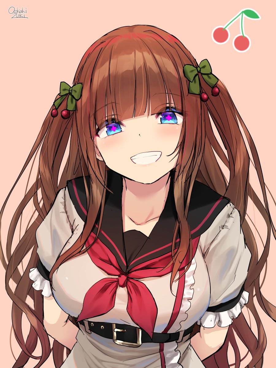 .live 1girl arms_behind_back artist_name bangs belt black_belt black_sailor_collar blue_eyes blunt_bangs blush bow breasts brown_hair cherry_hair_ornament collarbone commentary_request food_themed_hair_ornament frills green_bow hair_ornament highres kakyouin_chieri large_breasts long_hair looking_at_viewer oekakizuki open_mouth pink_background puffy_short_sleeves puffy_sleeves sailor_collar school_uniform short_sleeves simple_background smile solo symbol-shaped_pupils twintails upper_body virtual_youtuber