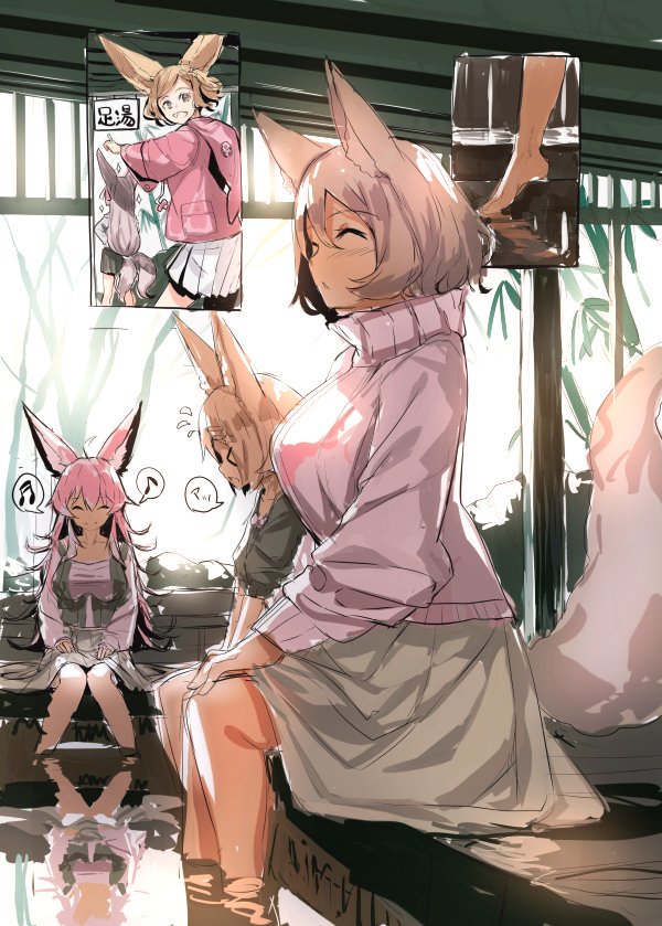 &gt;_&lt; 3girls :d animal_ear_fluff animal_ears bangs barefoot beamed_sixteenth_notes blush breasts brown_hair closed_eyes closed_mouth commentary_request eighth_note eyebrows_visible_through_hair flying_sweatdrops fox_ears fox_girl fox_tail grey_hair grey_shirt grey_skirt grey_sweater hair_between_eyes hair_ornament hairclip hood hood_down hooded_jacket jacket long_hair long_sleeves medium_breasts multiple_girls musical_note open_mouth original pink_hair pink_jacket pleated_skirt puffy_long_sleeves puffy_short_sleeves puffy_sleeves shirt short_sleeves skirt sleeves_past_wrists smile soaking_feet sparkle spoken_musical_note sweater tail very_long_hair water white_skirt yuuji_(yukimimi)