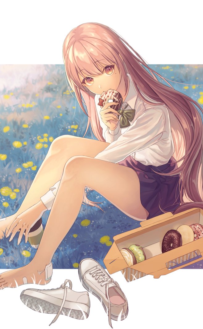 1girl bandaged_feet bare_legs barefoot bow bowtie coffee_cup collared_shirt cup dandelion disposable_cup doughnut eating eyebrows_visible_through_hair flower food food_in_mouth grass green_neckwear holding holding_food legs long_hair long_sleeves looking_at_viewer mole mole_under_eye mrym09yutaka original pastry_box pink_eyes pink_hair purple_skirt school_uniform shadow shiny shiny_hair shirt shoes shoes_removed sitting skirt sneakers solo very_long_hair white_footwear white_shirt