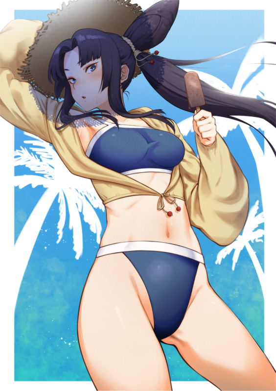 1girl bikini black_hair blue_bikini blue_eyes blush breasts eyeliner fate/grand_order fate_(series) fudgesicle groin hat jacket long_hair looking_at_viewer makeup navel open_mouth side_ponytail solo straw_hat suruga_kreuz sweat swimsuit ushiwakamaru_(fate/grand_order) ushiwakamaru_(swimsuit_assassin)_(fate) very_long_hair