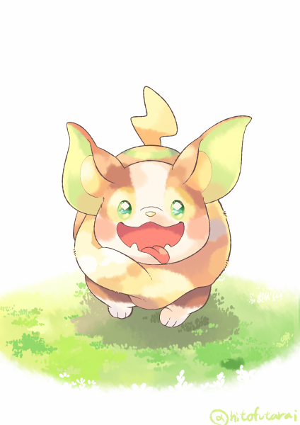 blush breasts commentary_request dog fangs full_body gen_8_pokemon grass green_eyes hitofutarai looking_at_viewer no_humans open_mouth pokemon pokemon_(creature) pokemon_(game) pokemon_swsh running skin_fangs tongue tongue_out twitter_username white_background yamper