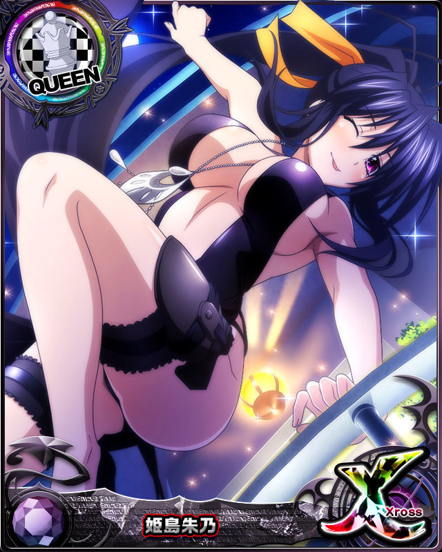 1girl ;p black_hair breasts card_(medium) character_name chess_piece gun hair_ribbon high_school_dxd high_school_dxd_cross himejima_akeno jewelry large_breasts long_hair long_ponytail official_art one_eye_closed pendant ponytail queen_(chess) ribbon solo source_request thighs tongue tongue_out trading_card very_long_hair violet_eyes weapon