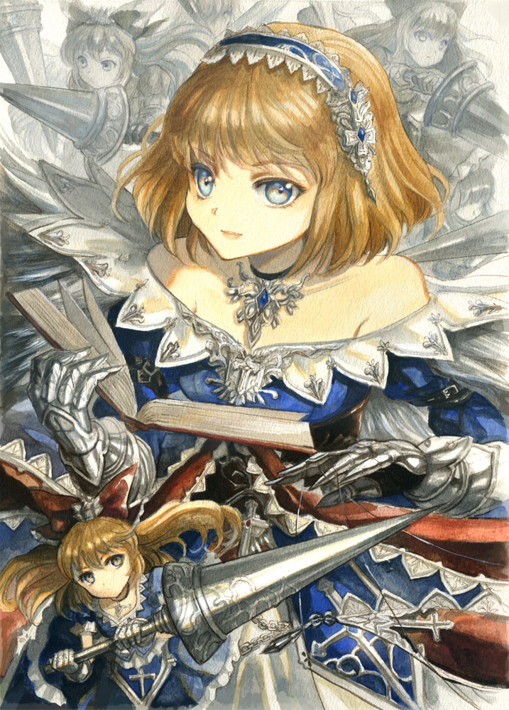 4girls alice_margatroid alternate_costume bangs bare_shoulders black_choker blonde_hair blue_dress blue_eyes blue_hairband book bow choker commentary_request dress eyebrows_visible_through_hair gauntlets hair_bow hair_ornament hairband holding holding_book holding_lance holding_weapon keiko_(mitakarawa) lance lolita_hairband long_hair long_sleeves looking_at_viewer multiple_girls off-shoulder_dress off_shoulder polearm red_bow shanghai_doll short_hair smile touhou traditional_media upper_body weapon