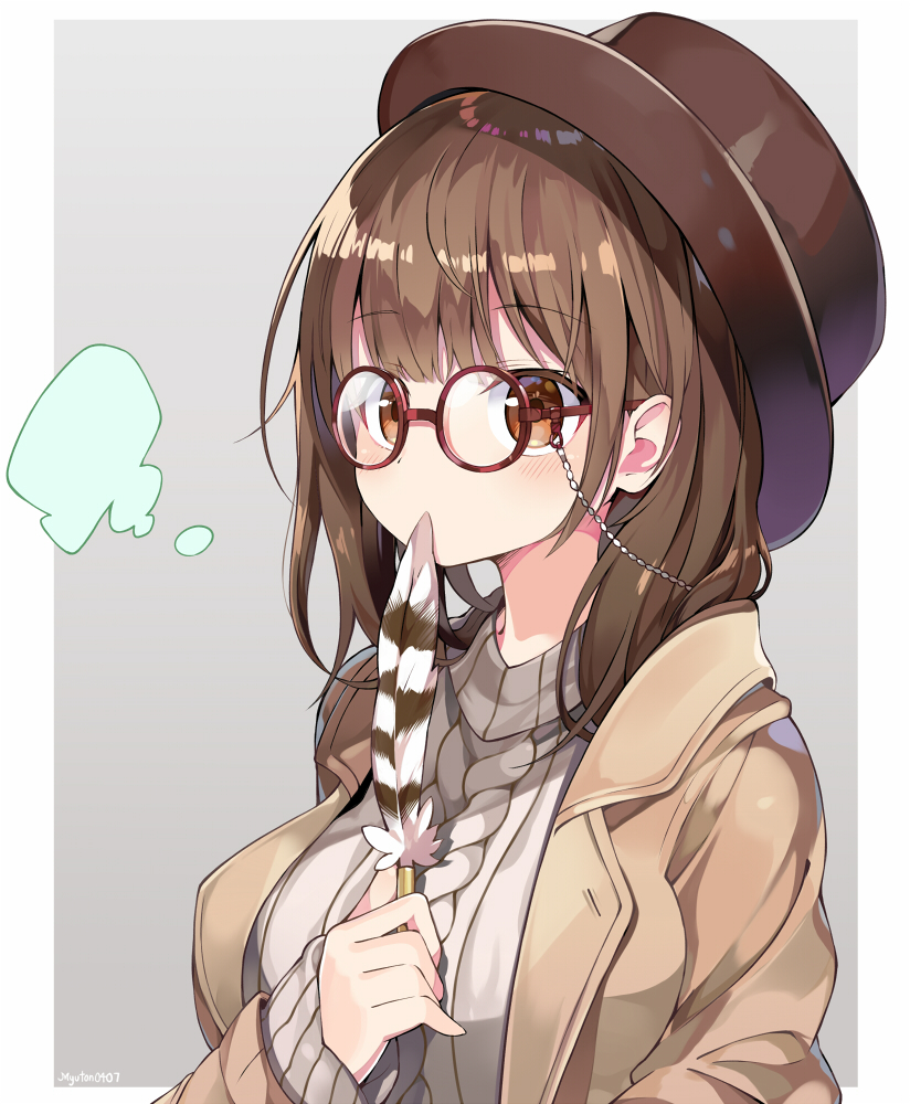 1girl aran_sweater bangs blush breasts brown-framed_eyewear brown_eyes brown_hair brown_headwear brown_jacket commentary_request covered_mouth eyebrows_visible_through_hair glasses grey_background grey_sweater hand_up hat holding jacket long_hair long_sleeves looking_at_viewer medium_breasts myuton open_clothes open_jacket original quill ribbed_sweater signature sleeves_past_wrists solo sweater two-tone_background upper_body white_background