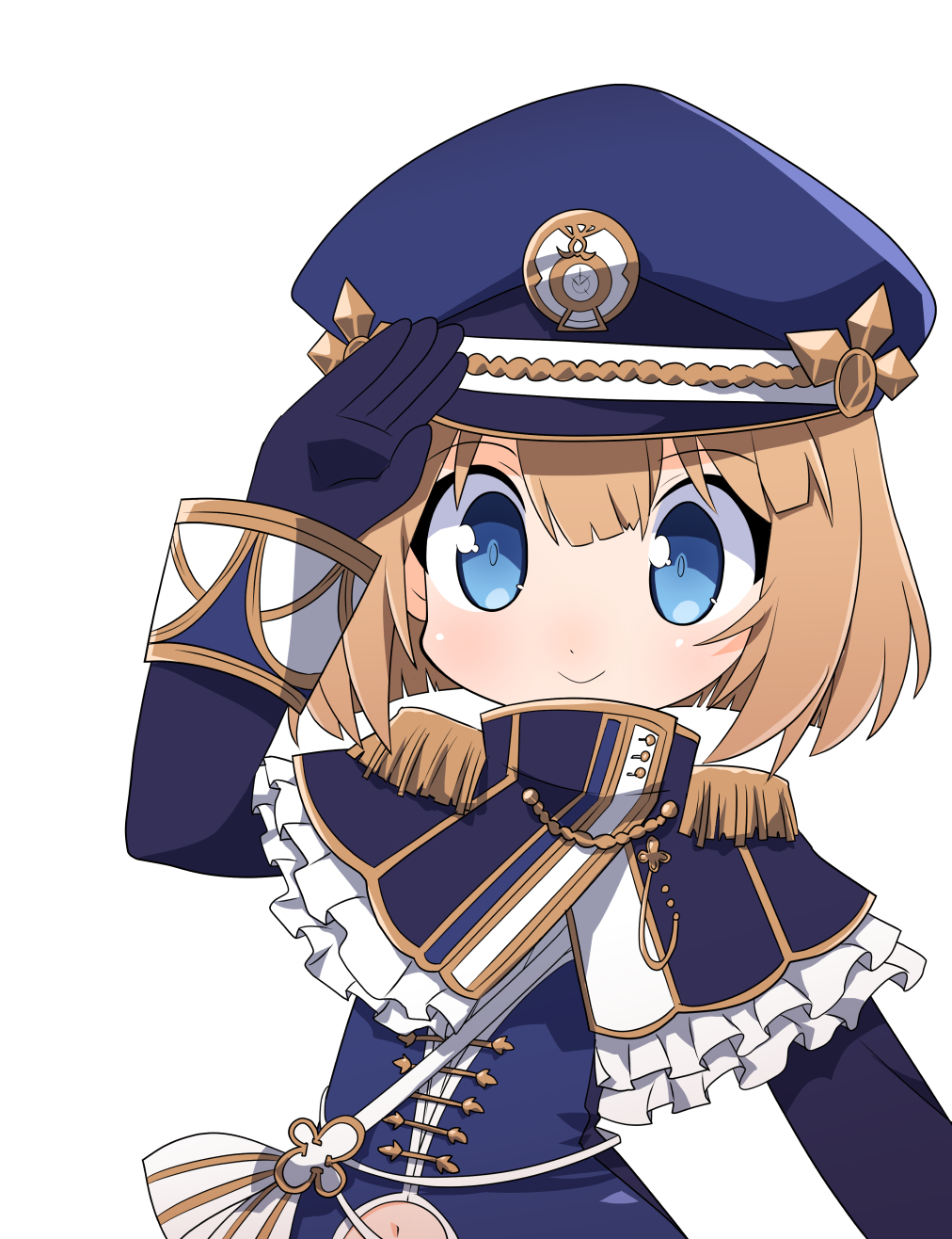 1girl arm_up bangs blue_capelet blue_dress blue_eyes blue_gloves blue_headwear blush capelet character_request closed_mouth commentary_request dress epaulettes eyebrows_visible_through_hair gloves hair_between_eyes hat highres light_brown_hair long_sleeves looking_at_viewer navel navel_cutout osaragi_mitama oshiro_project_re peaked_cap salute short_hair simple_background smile solo white_background