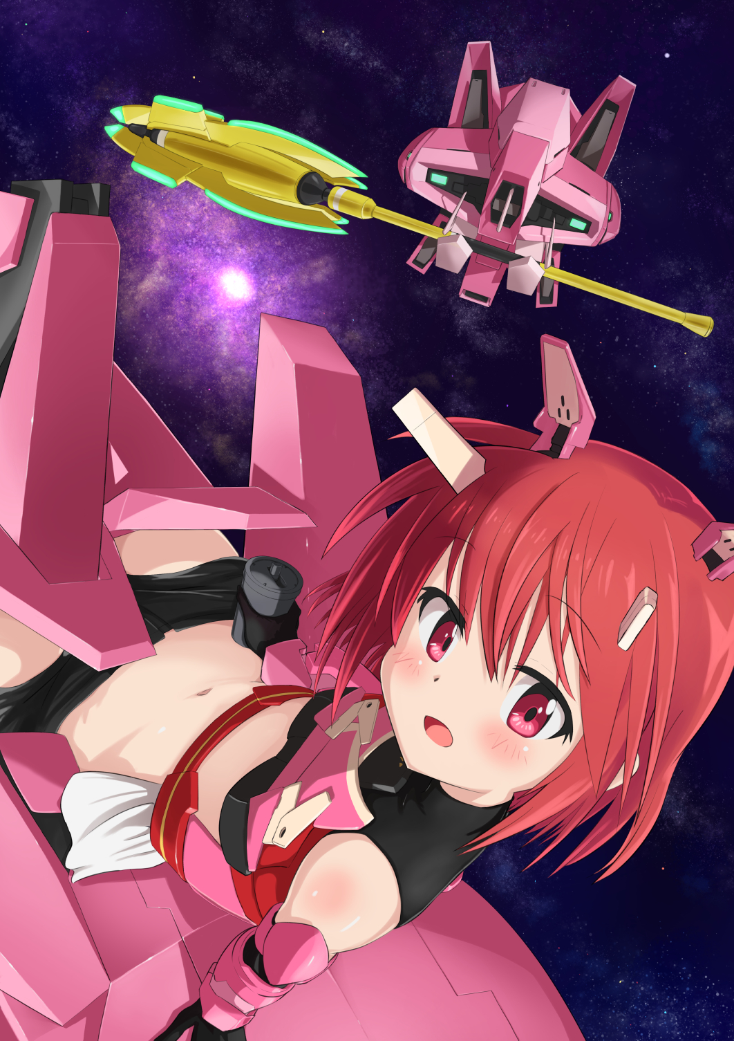 1girl alice_gear_aegis black_gloves commentary_request elbow_gloves gloves highres himukai_rin kohshibasaki looking_at_viewer mace mecha_musume mechanical_horns midriff navel open_mouth pink_eyes polearm redhead short_hair solo space star_(sky) weapon