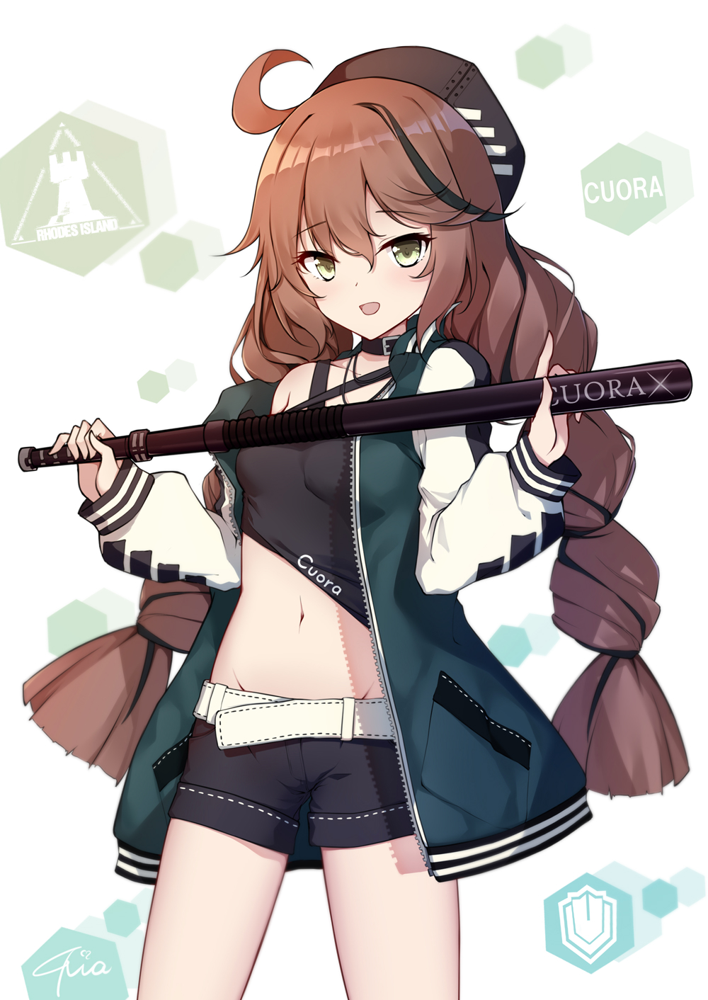 1girl ahoge arknights bare_shoulders baseball_bat belt beret black_headwear black_shirt black_shorts braid breasts brown_hair character_name collar collarbone commentary_request cowboy_shot crop_top cuora_(arknights) green_eyes green_jacket hat highres holding jacket long_hair long_sleeves looking_at_viewer midriff multicolored_hair navel off_shoulder open_clothes open_jacket open_mouth poinia raglan_sleeves shirt short_shorts shorts sleeveless sleeveless_shirt small_breasts smile solo standing streaked_hair twin_braids