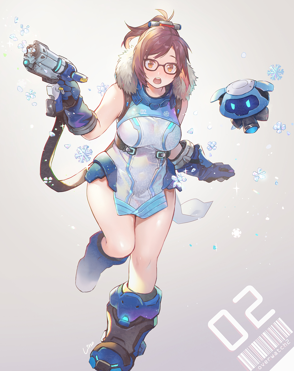 1girl adapted_costume bare_arms black-framed_eyewear blue_gloves boots breasts brown_hair commentary dress english_commentary fur_trim glasses gloves gun handgun highres large_breasts lino_chang looking_at_viewer mei_(overwatch) open_mouth orange_eyes overwatch overwatch_2 pelvic_curtain ponytail short_dress simple_background sleeveless sleeveless_dress snowflakes solo standing standing_on_one_leg thighs upper_teeth weapon