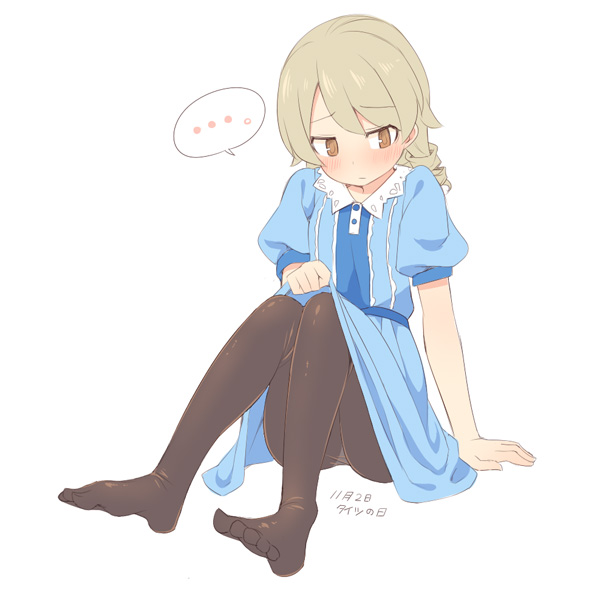 ... 1girl bangs black_legwear blue_dress blush brown_eyes closed_mouth collared_dress dress dress_lift eyebrows_visible_through_hair full_body idolmaster idolmaster_cinderella_girls knees_up lifted_by_self light_brown_hair long_hair morikubo_nono no_shoes pantyhose puffy_short_sleeves puffy_sleeves ringlets short_sleeves simple_background sitting solo spoken_ellipsis translated ushi white_background