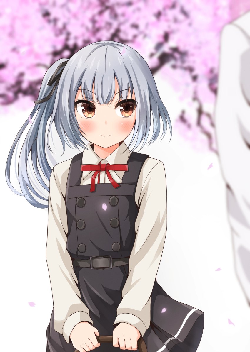 1boy 1girl admiral_(kantai_collection) belt blurry brown_eyes cherry_blossoms comiching cowboy_shot depth_of_field dress grey_hair highres kantai_collection kasumi_(kantai_collection) long_hair long_sleeves looking_to_the_side neck_ribbon pinafore_dress red_ribbon remodel_(kantai_collection) ribbon shirt side_ponytail smile white_shirt