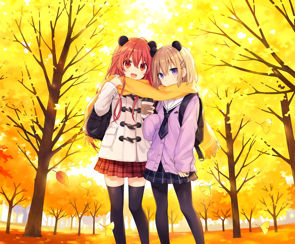 2girls animal_ears autumn bag brown_hair character_request coffee_cup commentary_request cup disposable_cup duffel_coat long_hair looking_at_viewer multiple_girls neptune_(series) original panda_ears pantyhose red_eyes redhead scarf school_uniform shakeko_(neptune_series) shared_scarf signature thigh-highs tsunako twitter_username violet_eyes zettai_ryouiki