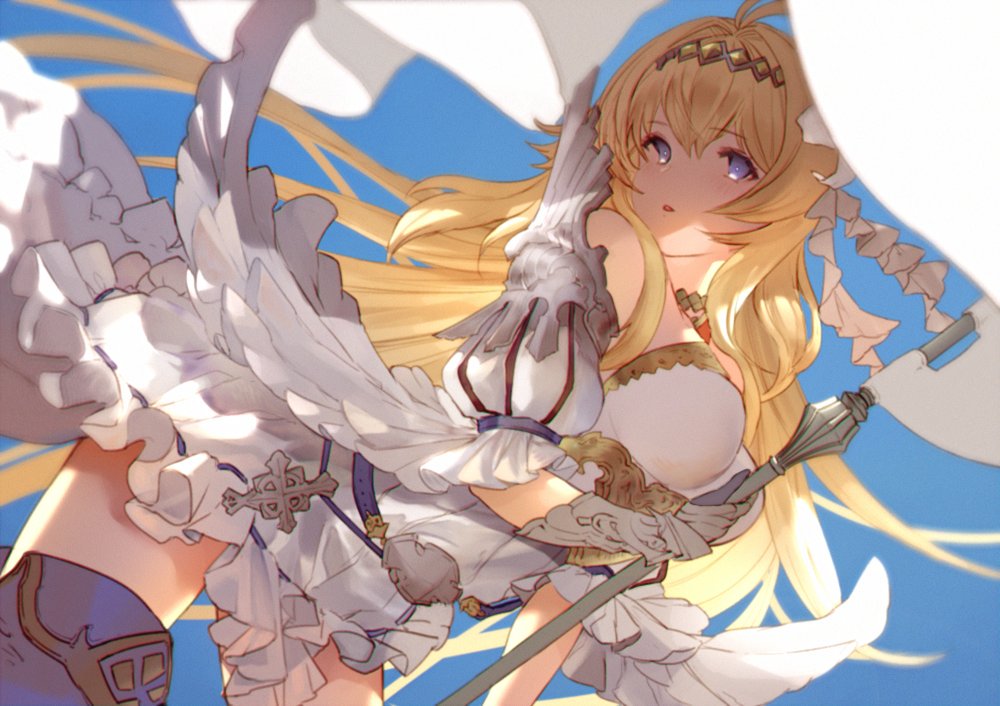 1girl ahoge armor armored_boots bangs bare_shoulders blonde_hair blue_eyes boots breasts dress flag full_body gloves granblue_fantasy hair_ornament holding holding_sword holding_weapon jeanne_d'arc_(granblue_fantasy) long_hair medium_breasts nido_celisius open_mouth petals polearm single_glove sleeveless sleeveless_dress solo sword thigh-highs thigh_boots torn_clothes torn_dress weapon white_dress