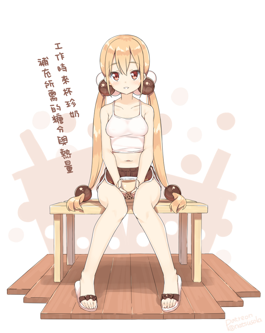 1girl bangs bare_arms bare_shoulders bench between_legs blonde_hair blush breasts brown_shorts bubble_tea camisole chinese_text cup disposable_cup eyebrows_visible_through_hair hair_between_eyes hair_ornament hand_between_legs hatsunatsu holding holding_cup long_hair looking_at_viewer medium_breasts midriff navel on_bench parted_lips red_eyes sandals short_shorts shorts sitting sitting_on_bench smile solo translation_request very_long_hair white_background white_camisole white_footwear xiaoyuan_(you_can_eat_the_girl) you_can_eat_the_girl