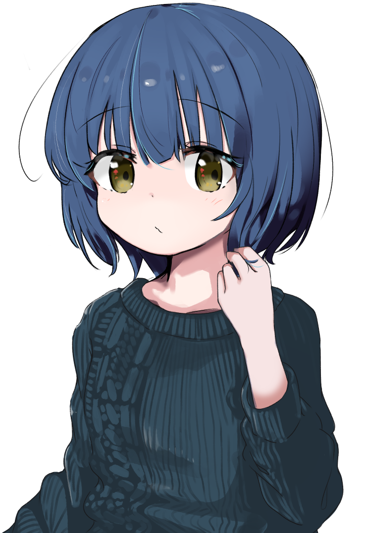 1girl bangs blue_hair blue_sweater blush brown_eyes closed_mouth commentary_request eyebrows_visible_through_hair gochuumon_wa_usagi_desu_ka? hair_between_eyes hand_up houjichaoic jouga_maya long_sleeves ribbed_sweater simple_background solo sweater upper_body white_background