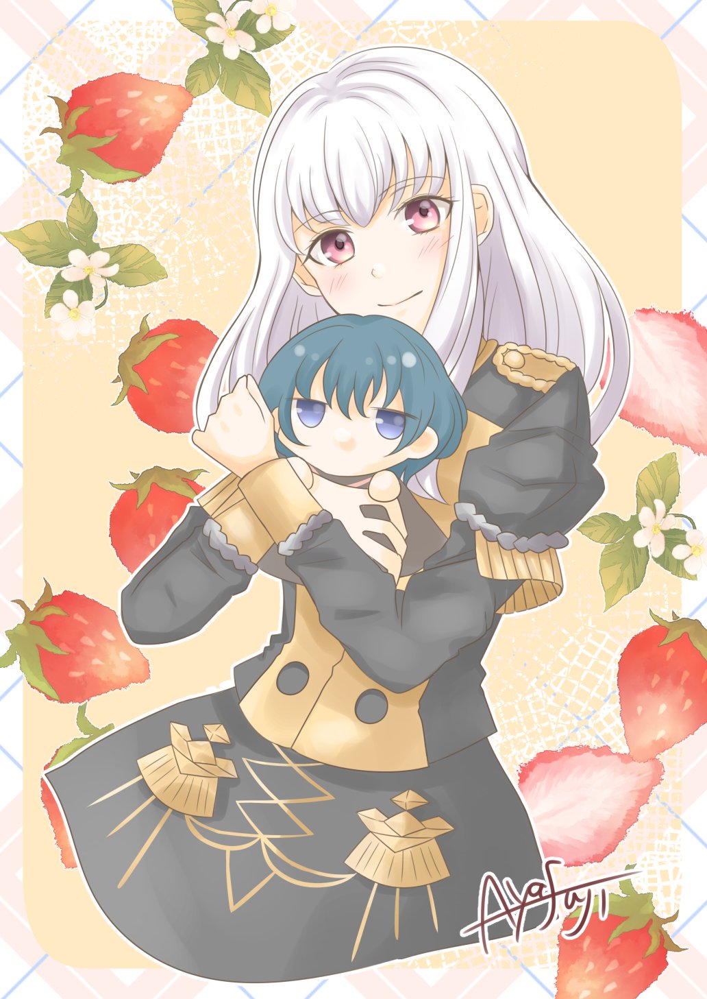 1boy 1girl ayafujipink blue_eyes blue_hair byleth_(fire_emblem) byleth_eisner_(male) chibi closed_mouth fire_emblem fire_emblem:_three_houses food fruit garreg_mach_monastery_uniform highres holding long_hair long_sleeves lysithea_von_ordelia pink_eyes short_hair smile strawberry uniform white_hair