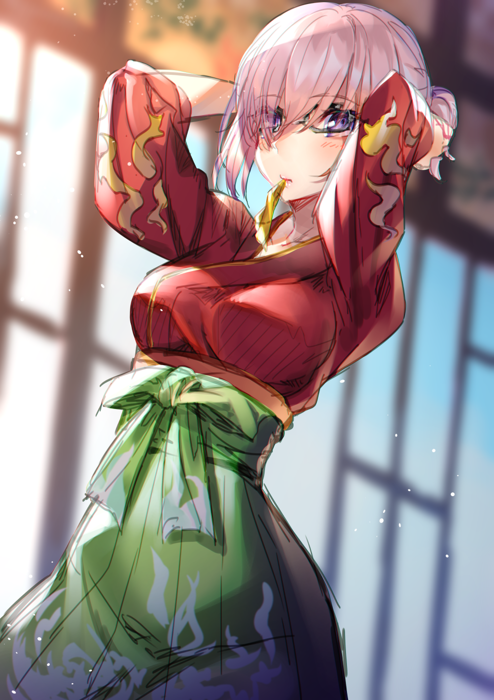 1girl arms_up bangs black-framed_eyewear blurry blurry_background bow breasts closed_mouth collarbone depth_of_field eyebrows_visible_through_hair eyes_visible_through_hair fate/grand_order fate_(series) glasses green_bow green_hakama hair_bun hair_over_one_eye hakama hakuishi_aoi highres japanese_clothes kimono mash_kyrielight medium_breasts mouth_hold pink_hair red_kimono ribbon ribbon_in_mouth solo tying_hair violet_eyes yellow_ribbon