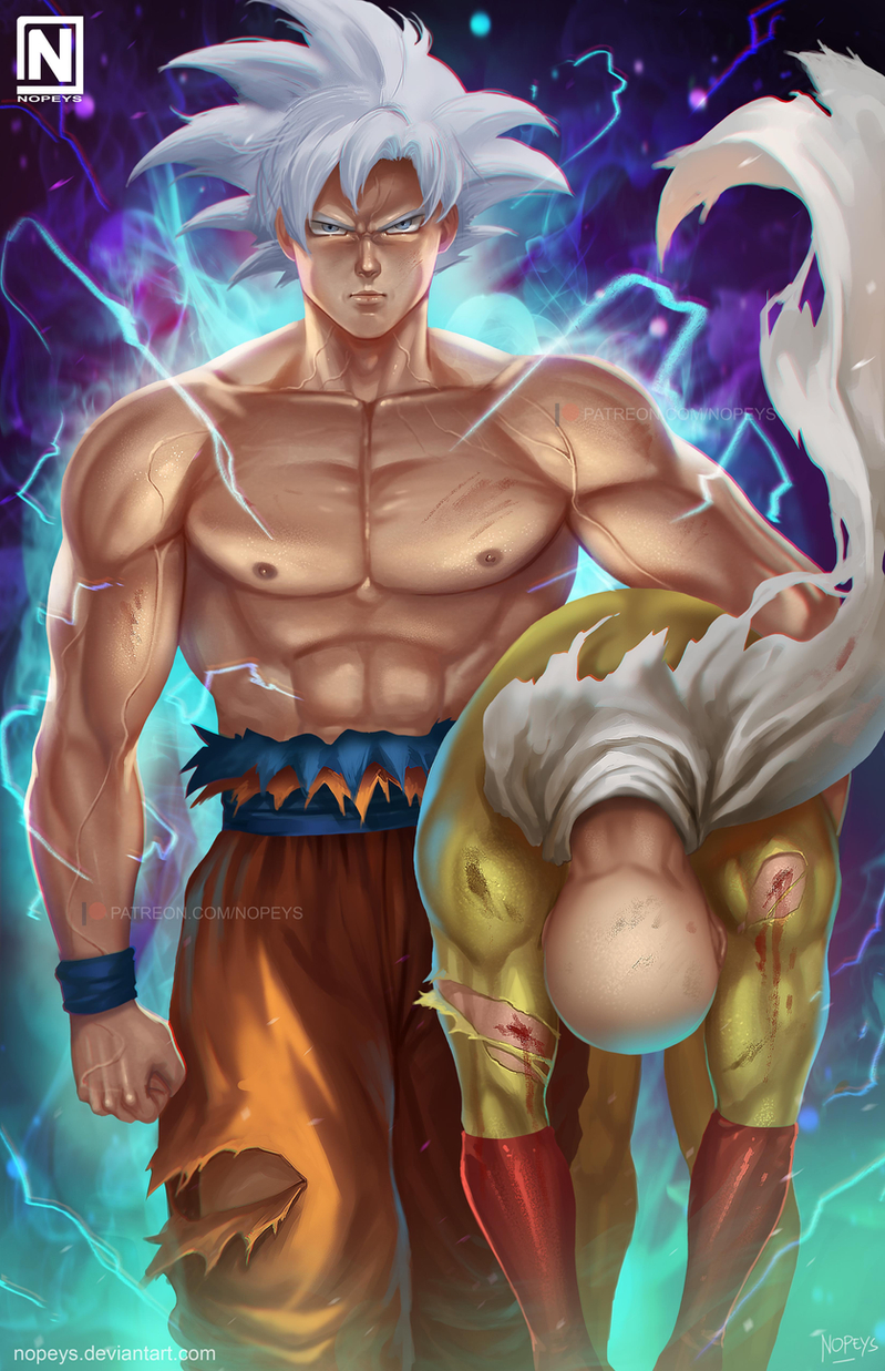 2boys abs angry artist_logo bald bare_arms bare_shoulders bird_studio blood bloody_clothes cape carrying carrying_under_arm clenched_hand closed_mouth commentary crossover dragon_ball exposed_muscle gloves highres j.c._staff looking_at_viewer male_focus midriff multiple_boys muscle nipples norman_de_mesa one-punch_man orange_pants pants patreon_logo patreon_username publisher_connection red_gloves saitama_(one-punch_man) saiyan shueisha signature son_gokuu spiky_hair standing toei_animation torn_clothes watermark web_address what white_cape white_hair wristband