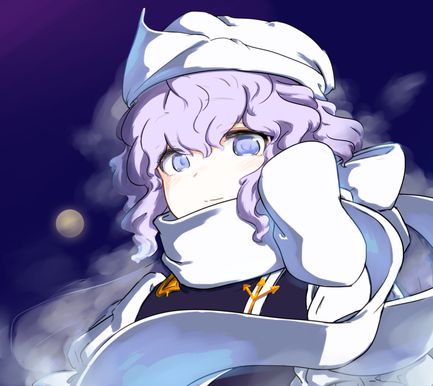 1girl black_vest blue_eyes blush bow full_moon lavender_hair letty_whiterock light_smile looking_at_viewer moon puffy_sleeves scarf scarf_bow shirt short_hair solo touhou uisu_(noguchipint) upper_body vest wavy_hair white_headwear white_scarf white_shirt