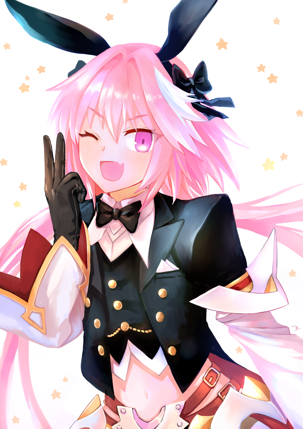 1boy astolfo_(fate) astolfo_(saber)_(fate) bangs belt black_bow black_gloves black_jacket black_neckwear black_ribbon blush bow bowtie buttons erohitu fang fate/grand_order fate_(series) faulds gloves hair_between_eyes hair_bow hair_intakes hair_ribbon highres jacket juliet_sleeves long_hair long_sleeves looking_at_viewer midriff multicolored_hair navel one_eye_closed open_clothes open_jacket open_mouth otoko_no_ko pink_hair puffy_sleeves ribbon smile solo star starry_background streaked_hair twintails v violet_eyes white_background white_hair wide_sleeves wing_collar