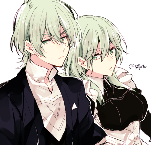 1boy 1girl butler byleth_(fire_emblem) byleth_eisner_(female) byleth_eisner_(male) closed_mouth fire_emblem fire_emblem:_three_houses green_eyes green_hair lowres maid medium_hair naho_(pi988y) short_hair simple_background twitter_username upper_body white_background