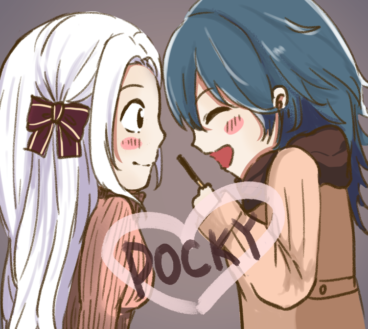 2girls blue_hair blush bow byleth_(fire_emblem) byleth_eisner_(female) byleth_eisner_(female) chibi closed_eyes coat cute edelgard_von_hresvelg female_my_unit_(fire_emblem:_three_houses) fire_emblem fire_emblem:_three_houses fire_emblem:_three_houses fire_emblem_heroes hair_bow hair_ribbon intelligent_systems koei_tecmo long_hair looking_at_another my_unit_(fire_emblem:_three_houses) nintendo open_eyes pocky pocky_day ribbon super_smash_bros. todayskyouko white_hair winter yuri