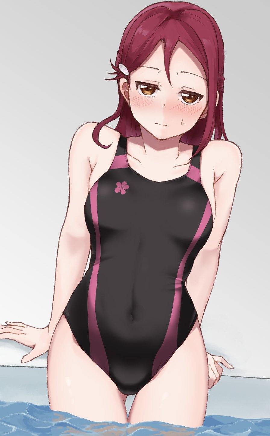 1girl amagai_shou black_swimsuit competition_swimsuit covered_navel cowboy_shot gradient gradient_background grey_background hair_ornament hairclip half_updo highres long_hair looking_at_viewer love_live! love_live!_sunshine!! one-piece_swimsuit poolside redhead sakurauchi_riko sitting soaking_feet solo swimsuit water yellow_eyes