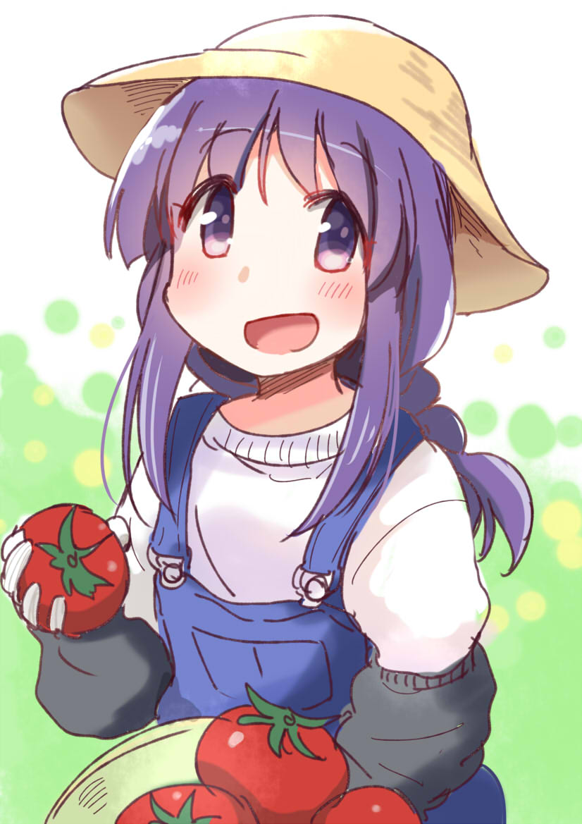 1girl bangs blush commentary_request eyebrows_visible_through_hair farmer green_background hat hinata_yukari holding long_hair long_sleeves looking_at_viewer open_mouth overalls purple_hair simple_background smile solo sun_hat suspenders tatsunokosso tomato violet_eyes white_background yuyushiki