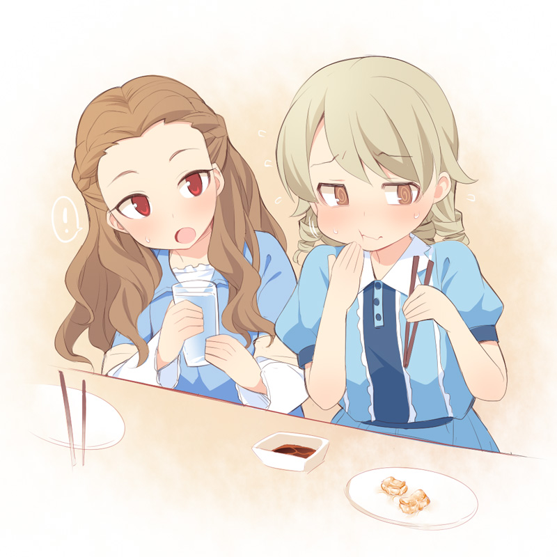 ! 2girls :o :t blue_dress blush brown_eyes brown_hair chopsticks closed_mouth collared_dress cup dress drinking_glass eating food hand_to_own_mouth hands_up holding holding_chopsticks holding_cup idolmaster idolmaster_cinderella_girls light_brown_hair long_hair long_sleeves morikubo_nono multiple_girls open_mouth plate puffy_short_sleeves puffy_sleeves red_eyes ringlets seki_hiromi short_sleeves spoken_exclamation_mark sweat ushi water