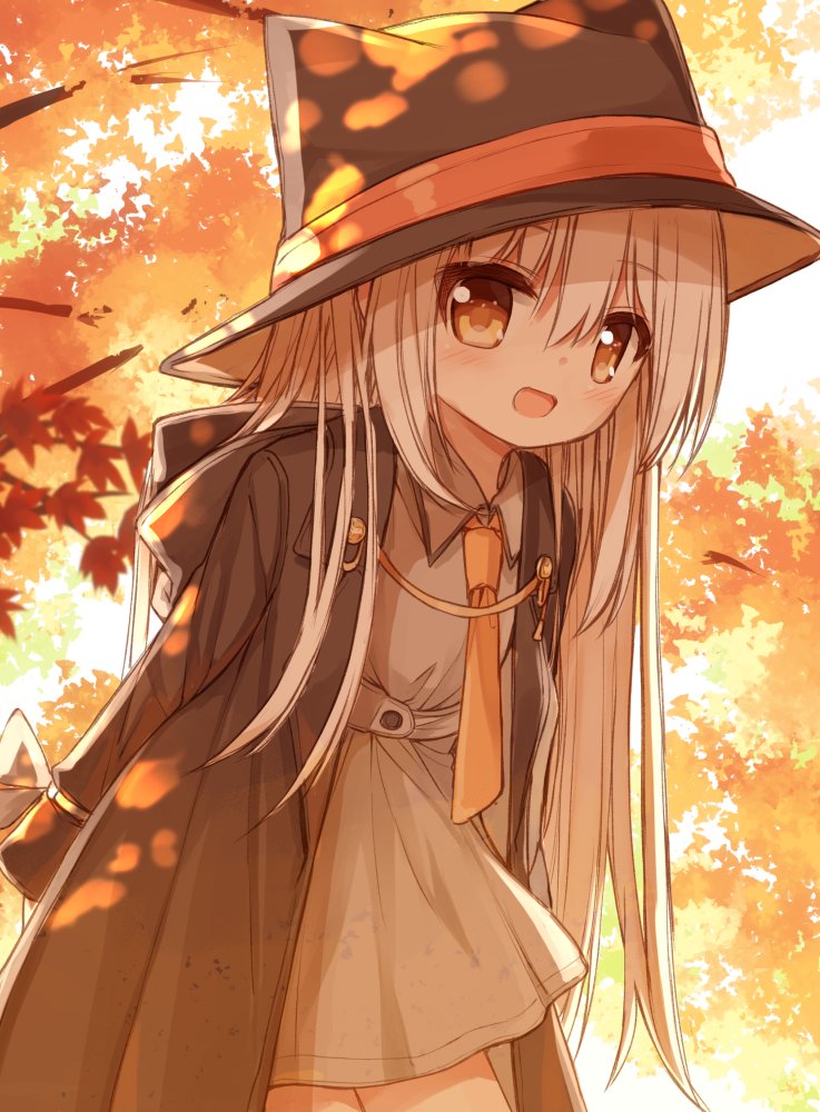 1girl :d animal_ears animal_hat arms_behind_back autumn_leaves bangs black_headwear black_jacket blush brown_eyes collared_dress commentary_request dress eyebrows_visible_through_hair fake_animal_ears grey_dress grey_hair hair_between_eyes hat hood hood_down hooded_jacket jacket leaf leaning_forward long_hair long_sleeves looking_at_viewer maple_leaf open_clothes open_jacket open_mouth orange_neckwear original smile solo tree_branch very_long_hair yuuhagi_(amaretto-no-natsu)