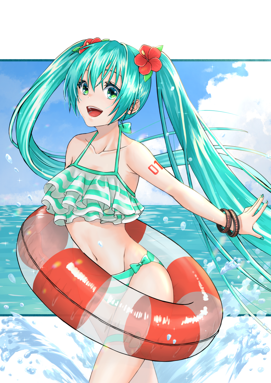 1girl aqua_hair bikini bracelet clouds commentary_request flower green_eyes hair_flower hair_ornament hatsune_miku highres innertube jewelry long_hair nail_polish number_tattoo open_mouth outdoors partial_commentary sanada_yuuki sky solo striped striped_bikini swimsuit tattoo twintails very_long_hair vocaloid water