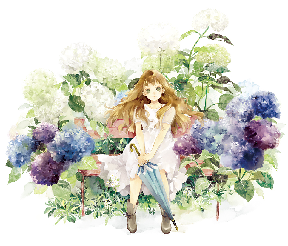 1girl ankle_boots bench blue_umbrella boots brown_eyes brown_hair closed_umbrella commentary_request dress flower grass grey_footwear holding holding_umbrella hydrangea light_smile long_hair looking_at_viewer niwa_haruki on_bench original own_hands_together short_sleeves simple_background sitting solo sundress umbrella white_background white_dress