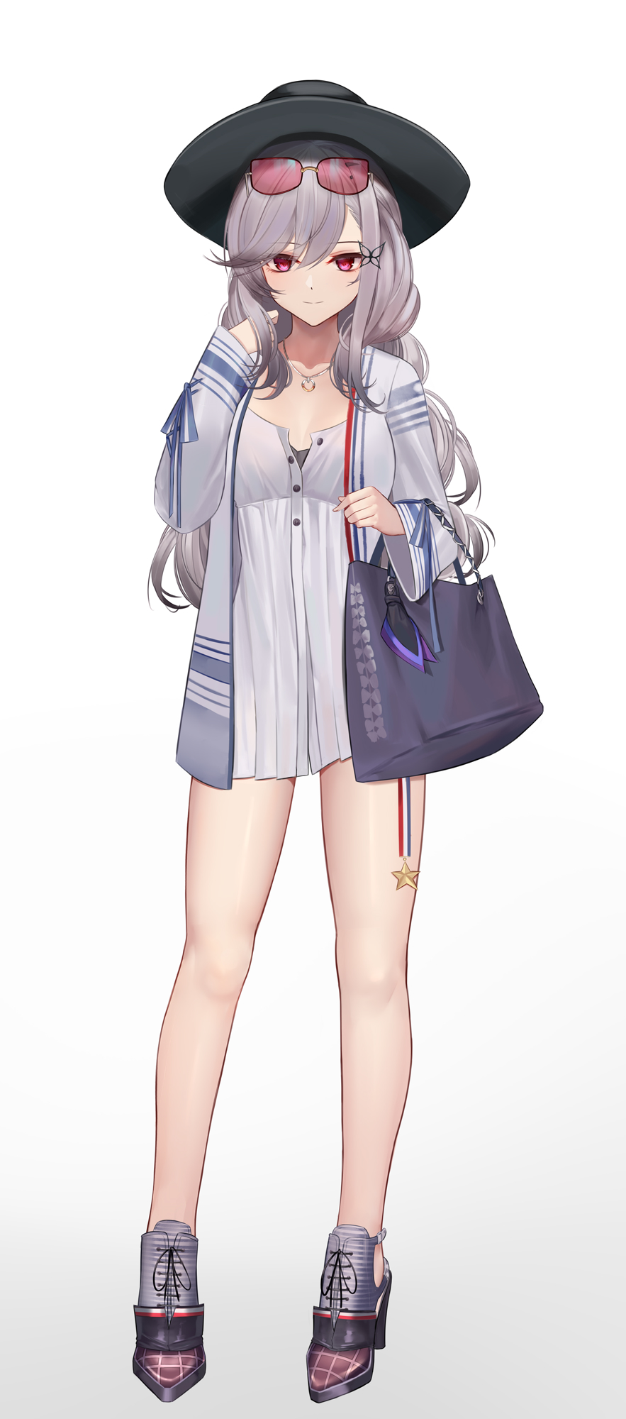 1girl azur_lane bag black_headwear butterfly_hair_ornament collarbone dress dunkerque_(afternoon_aphrodite)_(azur_lane) dunkerque_(azur_lane) eternity_(pixiv8012826) eyebrows_visible_through_hair eyewear_on_head grey_hair hair_between_eyes hair_ornament handbag hat high_heels highres jacket jewelry light_smile long_hair long_legs looking_at_viewer necklace open_clothes open_jacket short_dress simple_background solo violet_eyes wavy_hair white_background white_dress white_jacket