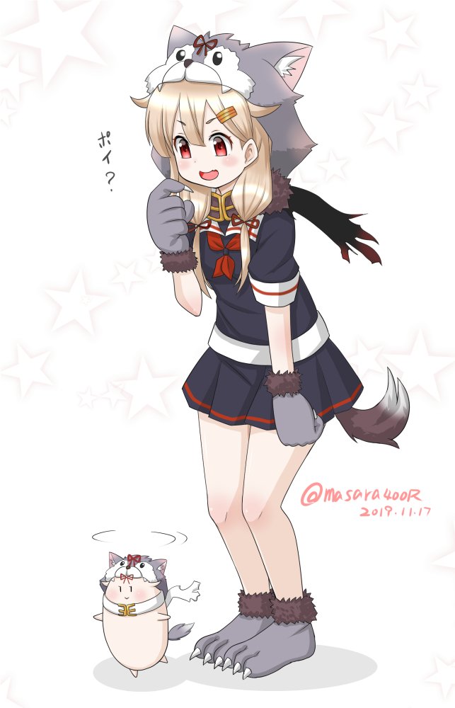 1girl 1other black_ribbon black_scarf black_serafuku black_skirt blonde_hair commentary_request dated full_body gloves hair_flaps hair_ornament hair_ribbon hairclip kantai_collection long_hair masara_(masalucky2010) neckerchief paw_boots paw_gloves paws pleated_skirt red_eyes red_neckwear remodel_(kantai_collection) ribbon scarf school_uniform serafuku skirt standing star starry_background tail the_yuudachi-like_creature twitter_username white_background wolf_hood wolf_tail yuudachi_(kantai_collection)