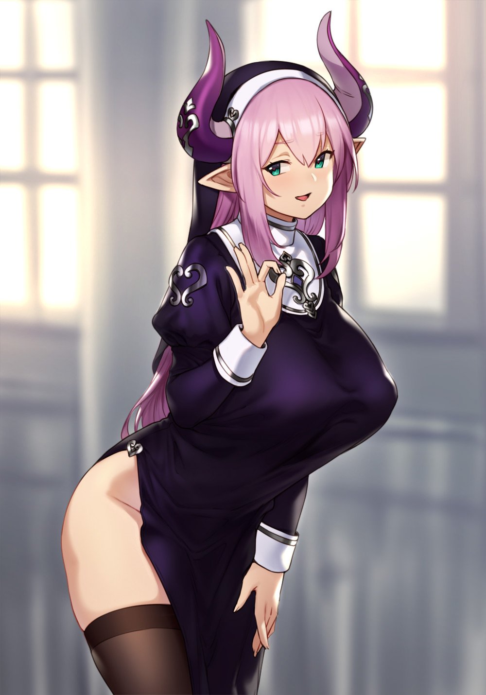 1girl :d bare_hips black_legwear blurry blurry_background blush breasts depth_of_field dress groin habit heart heart-shaped_pupils highres horns houtengeki indoors juliet_sleeves large_breasts leaning_forward long_sleeves looking_at_viewer nun open_mouth original pelvic_curtain pointy_ears puffy_sleeves purple_dress sidelocks smile solo symbol-shaped_pupils thigh-highs window