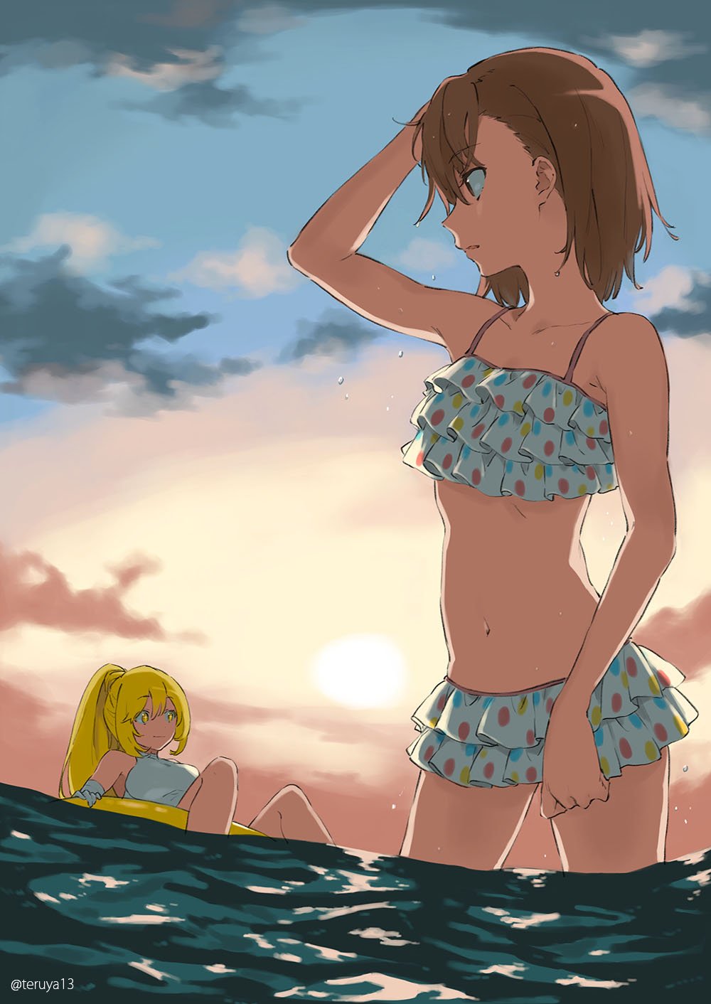 +_+ 2girls afloat arm_at_side arm_up armpit_peek artist_name backlighting bangs bare_arms bare_shoulders bikini_skirt bikini_top blonde_hair breasts brown_eyes brown_hair clouds cloudy_sky collarbone commentary_request cowboy_shot elbow_gloves eyebrows_visible_through_hair frilled_bikini_top gloves hair_between_eyes hand_on_own_head highres innertube knees_up large_breasts long_hair long_ponytail looking_away midriff misaka_mikoto multicolored multicolored_polka_dots multiple_girls navel ocean one-piece_swimsuit outdoors parted_lips partially_submerged polka_dot polka_dot_bikini_top polka_dot_skirt ponytail shokuhou_misaki short_hair skirt sky stomach sun sunset swimsuit teruya_(6w6y) to_aru_kagaku_no_railgun to_aru_majutsu_no_index twitter_username water water_drop wet wet_hair white_bikini_top white_gloves white_skirt white_swimsuit yellow_eyes